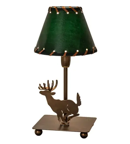 A Forest Green faux leather shade wrapped in rawhide tops a leaping buck Deer lamp base. The accent lamp is finished in Antique Copper and is handcrafted in the USA by Meyda artisans. - alternate view
