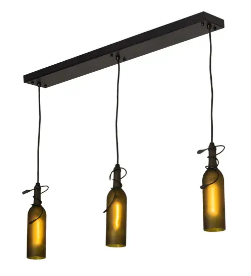 A hand forged vine and leaf coil around the neck of each of three handsome Weathered Leaf Green wine bottles that have been softly etched for diffusion. Your connoisseur will appreciate the detail and vintage of this charming three light island bar. Collection: Tuscan Vineyard Finish: Textured Black Glass: Frosted Green Glass Width: 5.00" Height: 34.50" Length: 36.00" Weight: 10.50 lb Extension from Wall: 5.00" Number of Bulbs: 3 Maximum Wattage: 40.00 W Bulb Type: T6.5 E17 Bulb Base: INT Material: Steel/Brass Country of Origin: USA Safety Listing: Damp Safety Rating: Damp - alternate view