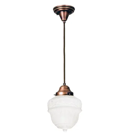 Restore the past with this always fashionable early electric reproduction Rochelle mini pendant. The handsome cloth covered wire fixture is crafted from brass in the USA by Meyda artisans, hand finished in Burnished Copper with a Brown cord, and supports a floral and scallop patterned White opal glass shade. Collection: Revival Finish: Burnished Copper Glass: White Opal Glass Width: 7.50" Height: 16.50" Length: 7.50" Number of Bulbs: 1 Maximum Wattage: 60.00 W Bulb Type: A19 Bulb Base: E26 Material: Metal Country of Origin: USA Safety Listing: Dry Safety Rating: Dry