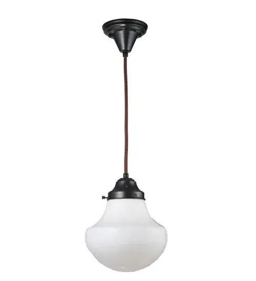 Restore the past with this always fashionable early electric reproduction Schoolhouse mini pendant. The handsome cloth covered wire fixture is crafted from brass in the USA by Meyda artisans; hand finished in Craftsman Brown with a Brown cord; and supports a traditional Schoolhouse style shade of White opal glass.