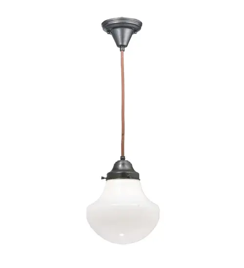 Restore the past with this always fashionable early electric reproduction Schoolhouse mini pendant. The handsome cloth covered wire fixture is crafted from brass in the USA by Meyda artisans; hand finished in Craftsman Brown with a Brown cord; and supports a traditional Schoolhouse style shade of White opal glass. - alternate view