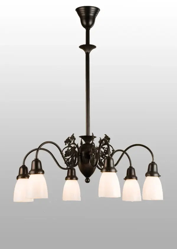 The elegant Binghamton six arm chandelier is perfect for home restoration or any home that needs a touch of simple elegance. The reproduction early electric fixture is crafted from brass in the USA by Meyda artisans, hand finished in Craftsman Brown with curving arms that support Goblet shaped White Opal glass shades. Collection: Binghamton Finish: Craftsman Brown Glass: White Opal Glass Width: 28.50" Height: 38.50" Length: 28.50" Weight: 10.00 lb Extension from Wall: 18.00" Number of Bulbs: 6 Maximum Wattage: 60.00 W Bulb Type: A19 Bulb Base: E26 Material: Metal Country of Origin: USA Safety Listing: Dry Safety Rating: Dry