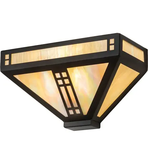 The material is Steel and Glass. The finish is Oil Rubbed Bronze. The glass is Beige Iridescent. Collection: Prairie Loft Finish: Craftsman Brown Glass: Beige Iridescent Glass Notes: Custom Crafted In Yorkville, New York Please Allow 30 Days Width: 12.00" Height: 6.75" Length: 5.25" Weight: 4.00 lb Extension from Wall: 5.25" Number of Bulbs: 1 Maximum Wattage: 60.00 W Bulb Type: A15 Bulb Base: E26 Material: Steel Country of Origin: USA Safety Listing: Damp Safety Rating: Damp - alternate view