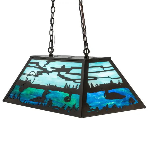 Loons float on on sparkling Bluish Green waters beside Marsh Green grasses in stunning panels handcrafted utilizing stained art glass in a copperfoil construction.Ideal for placement over kitchen islands; counters and billiard tables.Timeless Bronze finished hardware. Custom designs; colors and sizes available.