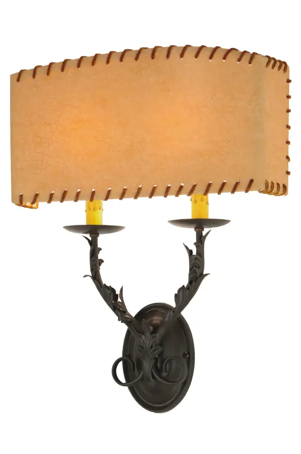 The hand crafted Ranchero wall sconce has a leather bound off white shade and steel arms with leaf detail. 3 In a San Antonio finish, this rustic two light wall sconce, with Ivory dripping was candle covers is reminiscent of South of the border rustic lighting. Collection: Ranchero Finish: Timeless Bronze Glass: Beige Width: 15.00" Height: 19.25" Length: 4.50" Weight: 3.00 lb Extension from Wall: 4.50" Number of Bulbs: 2 Maximum Wattage: 60.00 W Bulb Type: B10 Bulb Base: E12 Material: Steel Country of Origin: USA Safety Listing: Damp Safety Rating: Damp