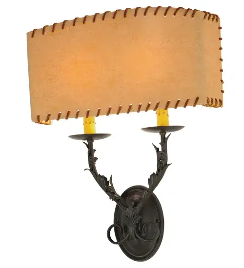 The hand crafted Ranchero wall sconce has a leather bound off white shade and steel arms with leaf detail. 3 In a San Antonio finish, this rustic two light wall sconce, with Ivory dripping was candle covers is reminiscent of South of the border rustic lighting. Collection: Ranchero Finish: Timeless Bronze Glass: Beige Width: 15.00" Height: 19.25" Length: 4.50" Weight: 3.00 lb Extension from Wall: 4.50" Number of Bulbs: 2 Maximum Wattage: 60.00 W Bulb Type: B10 Bulb Base: E12 Material: Steel Country of Origin: USA Safety Listing: Damp Safety Rating: Damp - alternate view