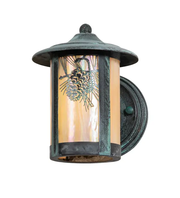 Handcrafted from Solid Brass with alluring rustic beauty. This stunning Craftsman Signature lantern features a vivid Pinecone with Pine Needles design on a Beige Iridescent Glass diffuser enhanced with a Craftsman Verdigris finish. Install this wall sconce to illuminate the exterior of timber homes; modern farmhouses; and other spaces. The Fulton Winter Pine Solid Mount Wall Sconce is featured in our American-made; American-designed; handcrafted Craftsman Signature Series; which is manufactured in Yorkville; New York. UL and cUL listed for dry; damp and wet locations. Our Build Your Own Craftsman Signature Series features unlimited combinations of styles. The collection is called Build Your Own because it is fully configurable and customizable from size and design to finish and lens color. Marine grade; solid brass; or copper raw materials are utilized to ensure items from the Craftsman Signature Series of outdoor and indoor lighting will stand the test of time; as these premium metals are impervious to most types of oxidation. Hand-applied Patina finishes on brass and copper are sealed with a clear varnish and; over time; may require gentle maintenance; such as wax; to delay or reverse the natural living finish attributes indicative of this finishing process. Patina finishes on brass and copper provide strong resistance to fading from sun exposure; will not chip or crack; and will not rust like a steel-framed item in the same conditions. Mica is less durable in outdoor locations but may be appropriate for mildly exposed areas. Choose from many style options; or send us your concept today! Call today to learn how to use the configuration tool available on our website for an instant item number!