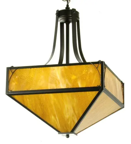 This inverted pendant fixture is lighted through panels of Honey art glass bound by a frame finished in a baked Hammer textured Black paint. The scroll accented transitional fixture with neutral color times, is handmade in the U.S.A. by Meyda artisans. Collection: Teague Finish: Textured Black Glass: Honey Art Glass Width: 20.00" Height: 105.00" Length: 20.00" Weight: 41.00 lb Number of Bulbs: 4 Maximum Wattage: 60.00 W Bulb Type: A19 Bulb Base: E26 Material: Brass Country of Origin: USA Safety Listing: Dry Safety Rating: Damp