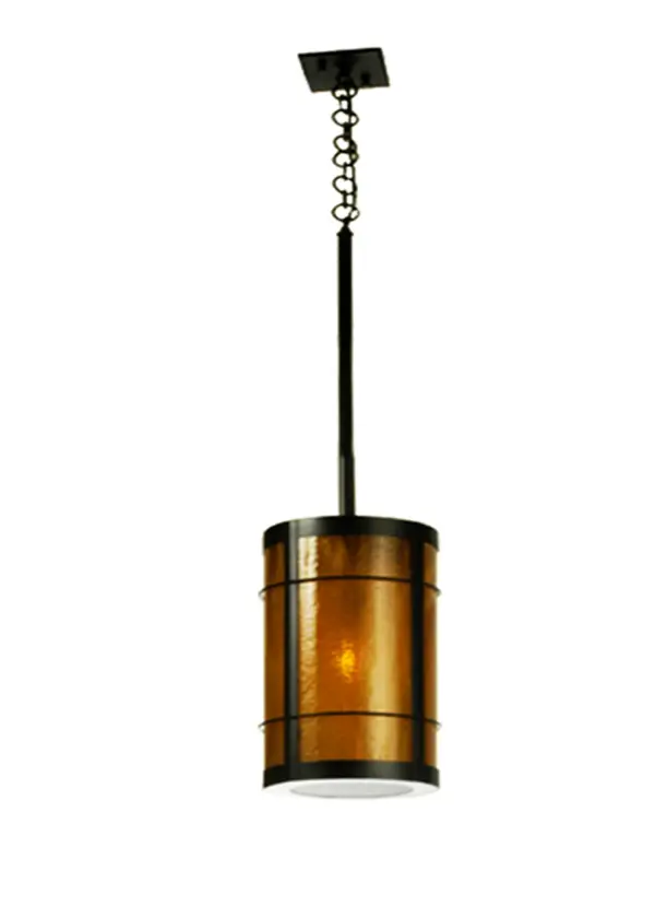 This pendant fixture is a caged cylinder of textured Honey art glass bound by a frame finished in a baked Hammer textured Black paint. The transitional fixture with neutral color times; is handmade in the U.S.A. by Meyda artisans.
