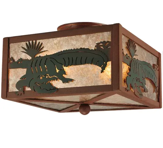 A fierce Alligator slithers along the lake while the sun rises in this wildlife scenario. Beautiful ambient light shines through a Silver Mica shade while the fixture is enhanced with hardware featured in a Rust finish; and the Alligator design is Handpainted in a Green finish. The lighting fixture is ideal for illuminating hallways; entryways; and other residential; hospitality; and commercial spaces throughout the US; including Hilton Head; South Carolina; and the Everglades in Florida. The Alligator Flushmount is featured in our American-made; American-designed; handcrafted Wildlife Lighting Collection. This fixture is manufactured in Yorkville; New York. UL and cUL listed for dry and damp locations. - alternate view