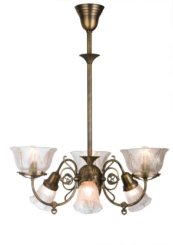 An era of style and elegance is restored with this combination gas and electric reproduction Bleeker 6 arm chandelier. The fixture is crafted from brass in the U.S.A. by Meyda artisans; hand finished in Antique Brass and sparkles through Wheat patterned Clear glass shades.