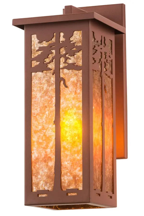A tall slender tree designed in the Arts and Crafts tradition adorns this handsome wall sconce lantern. The fixture is hand finished in Rust, has Amber mica panels, and is handmade in the U. S. A. by Meyda artisans. Collection: Tamarack Finish: Rust Glass: Amber Mica Width: 7.50" Height: 18.50" Length: 9.75" Weight: 7.50 lb Extension from Wall: 9.75" Number of Bulbs: 1 Maximum Wattage: 60.00 W Bulb Type: A19 Bulb Base: E26 Material: Steel Country of Origin: USA Safety Listing: Damp Safety Rating: Damp