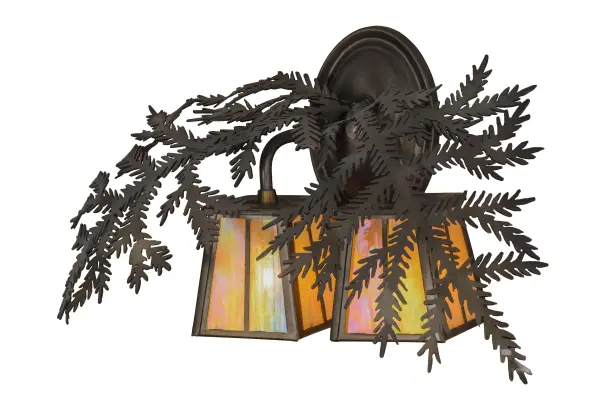 Invite rustic charm of the forest indoors with this perfect complement to your camp, lodge, home or business. Beige Iridescent glass lanterns adorn Pine Branch shaped arms of this unique nature inspired wall sconce. This stunning fixture features hardware in an Antique Copper finish. Handcrafted in our facility at the foothills of the Adirondack Mountains in the US.Custom sizes, designs and colors available. Energy efficient lamping options. Collection: Pine Branch Finish: Antique Copper Glass: Beige Iridescent Glass Width: 17.00" Height: 10.00" Length: 8.00" Weight: 3.50 lb Extension from Wall: 8.00" Number of Bulbs: 2 Maximum Wattage: 60.00 W Bulb Type: T4 Bulb Base: G9 Material: Steel Country of Origin: USA Safety Listing: Damp Safety Rating: Damp