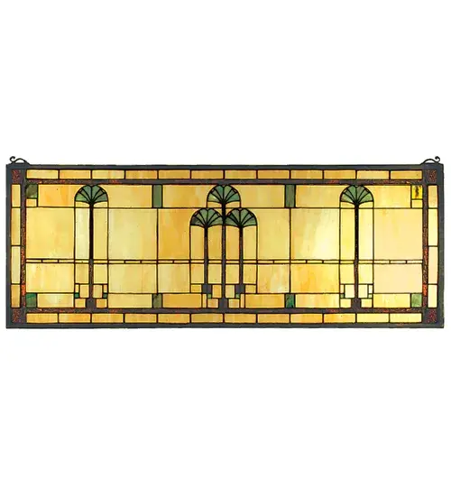 Arts and Crafts inspired Cottage Green Ginkgo leaves adorn a Cornerstone Beige glass panel. This handsome neutral colored window is a perfect complement to any color or style room. The Meyda Tiffany original stained glass window is framed in solid brass and has brass mounting bracket and chains included. Custom sizes; designs and colors are available.