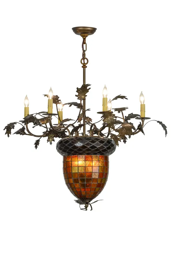 Visually impressive as a mighty Oak Tree; this art glass acorn shade delights with multi toned Autumn Green and a Bark Brown granite glass crown sprouting oak leaf and acorn hardware finished in Antique Copper. Six faux candlelights on bobeches sprout from branch-like arms. The hardware was custom crafted by Meyda artisans at the foothills of the Adirondack Mountains.