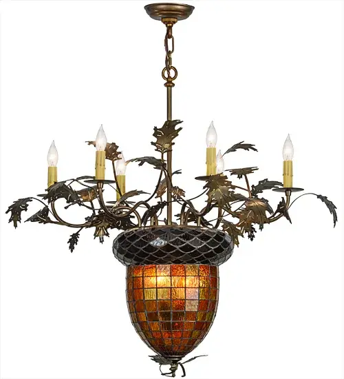 Visually impressive as a mighty Oak Tree; this art glass acorn shade delights with multi toned Autumn Green and a Bark Brown granite glass crown sprouting oak leaf and acorn hardware finished in Antique Copper. Six faux candlelights on bobeches sprout from branch-like arms. The hardware was custom crafted by Meyda artisans at the foothills of the Adirondack Mountains. - alternate view
