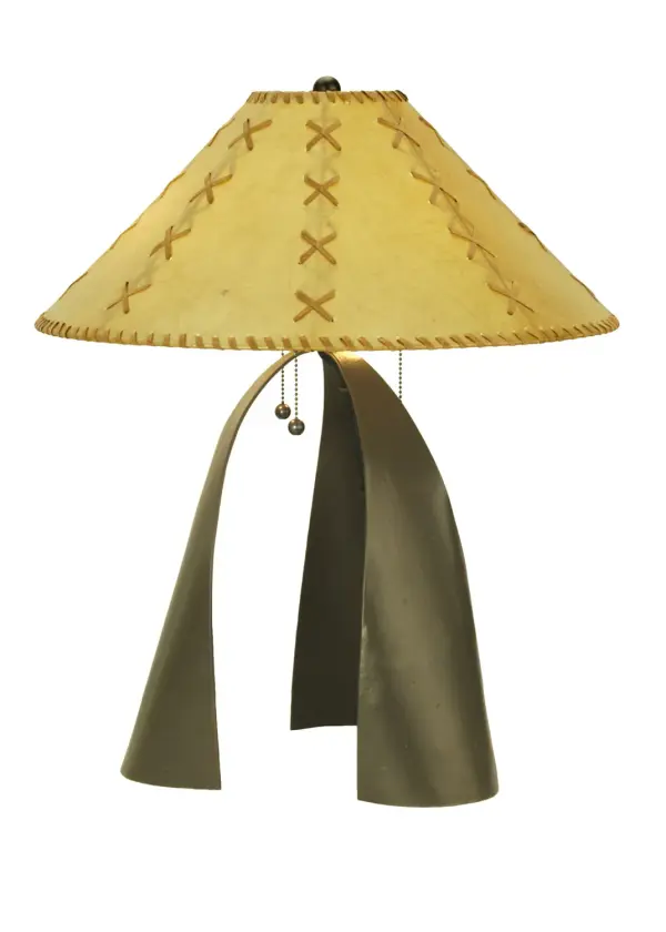 Evoking an intriguing western look, this table lamp features a Faux Leather shade wrapped with Rawhide inspired accents. The shade is perched on a unique tee pee inspired base featured in a Timeless Bronze finish. Handcrafted in the USA, this lamp is available in custom sizes, styles, colors and dimmable energy efficient lamping. Sedona is UL and cUL listed for dry locations. Collection: Sedona Finish: Timeless Bronze Glass: Chocolate,Beige Notes: Custom Crafted In Yorkville, New York Please Allow 30 Days Width: 20.00" Height: 28.00" Length: 20.00" Weight: 16.00 lb Number of Bulbs: 3 Maximum Wattage: 60.00 W Bulb Type: A19 Bulb Base: E26 Material: Steel Country of Origin: USA Safety Listing: Damp Safety Rating: Damp