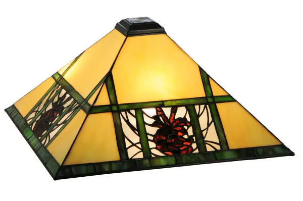This charming; nature-inspired stained glass shade features a Pinecone Mission-style shade with Bark Brown granite glass Pinecones on a Clear granite glass background; accented with pine needle detailing. Bone Beige stained glass is geometrically divided by Moss Green bands on the shade. This stunning shade is crafted using the renowned Meyda Tiffany copperfoil construction technique and pairs well with hardware to create an inverted ceiling pendant or flushmount. The Pinecone Ridge Shade is part of our American-designed; handcrafted Nature Inspired Stained Glass Collection. Each shade is a unique work of art; featuring color variations derived from the natural ingredients inherent in the glass.