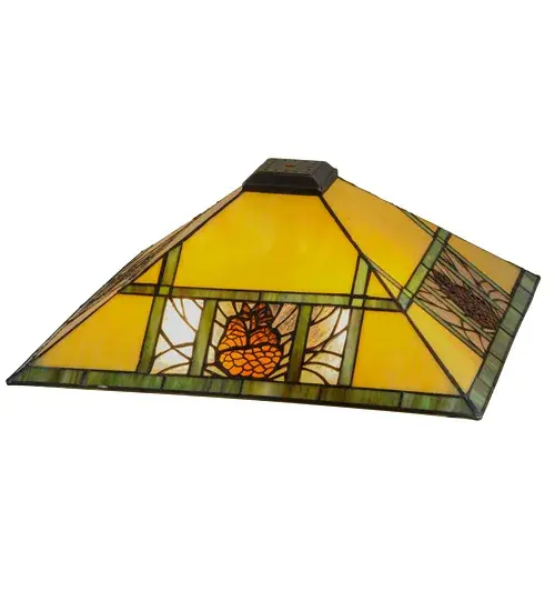 This charming; nature-inspired stained glass shade features a Pinecone Mission-style shade with Bark Brown granite glass Pinecones on a Clear granite glass background; accented with pine needle detailing. Bone Beige stained glass is geometrically divided by Moss Green bands on the shade. This stunning shade is crafted using the renowned Meyda Tiffany copperfoil construction technique and pairs well with hardware to create an inverted ceiling pendant or flushmount. The Pinecone Ridge Shade is part of our American-designed; handcrafted Nature Inspired Stained Glass Collection. Each shade is a unique work of art; featuring color variations derived from the natural ingredients inherent in the glass. - alternate view