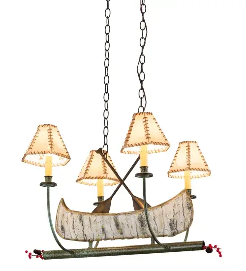 This handsome 4 lightCanoeChandelier; complete with Tarnished Copper finished steel paddles and canoe frame; is the perfect complement to your camp; home; cabin or lodge.Handmade in the USA by highly skilled artisans; this charming fixture features a steelCanoe which replicates the look of birch bark.The canoeis surrounded by four curved arms with Faux Rawhide-wrapped Leather hexagonal Shades that top faux candlelights on bobeches. Custom designs; colors and sizes are available; as well as dimmable energy efficient lamping options such as LED.ThechandelierUL and cUL listed for damp and dry location. - alternate view