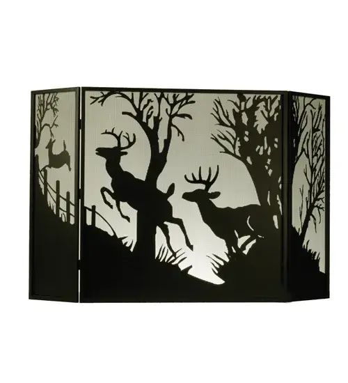 Bring the natural beauty of wildlife into your home with this striking fireplace screen featuring Does and Bucks scampering through the woods. The firescreen is both decorative and functional; and can be used with a working fireplace. Hand finished in Black; it was custom crafted by Meyda artisans in our manufacturing facilities in Yorkville; New York.