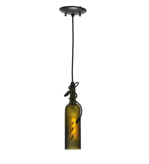 Connoisseurs will appreciate the detail and flavor of this customized; nautical-designed Wine Bottle Pendant. This Green Frosted Glass wine bottle is softly etched with a gorgeous Lighthouse lighting design. Liven up a restaurant; club; or home with a light fixture that does so much more than deliver light; it adds personality and pizzazz. This wine bottle is embraced by a solid metal vine-like accent hand-finished in Textured Black. Place the mini pendant individually over a table or in multiples across a bar; island; or counter for a stunning design statement. The overall height ranges from 17 to 72 inches; as the cord can be adjusted on location to meet your exact lighting requirements. This rich-looking Tuscan Vineyard Lighthouse Wine Bottle Mini Pendant is included in our American-made; American-designed; handcrafted Wine Bottle Lighting Collection. The fixture is manufactured in Yorkville; New York. UL and cUL listed for dry and damp locations. Take your finest bottle of wine; and Meyda will transform it into an everlasting personalized fixture of light. Contact us for more information on custom wine bottle lighting fixtures and lamps. You can also create custom lighting with beer bottles; mason jars; milk bottles; and other glass containers and vessels by contacting us! - alternate view