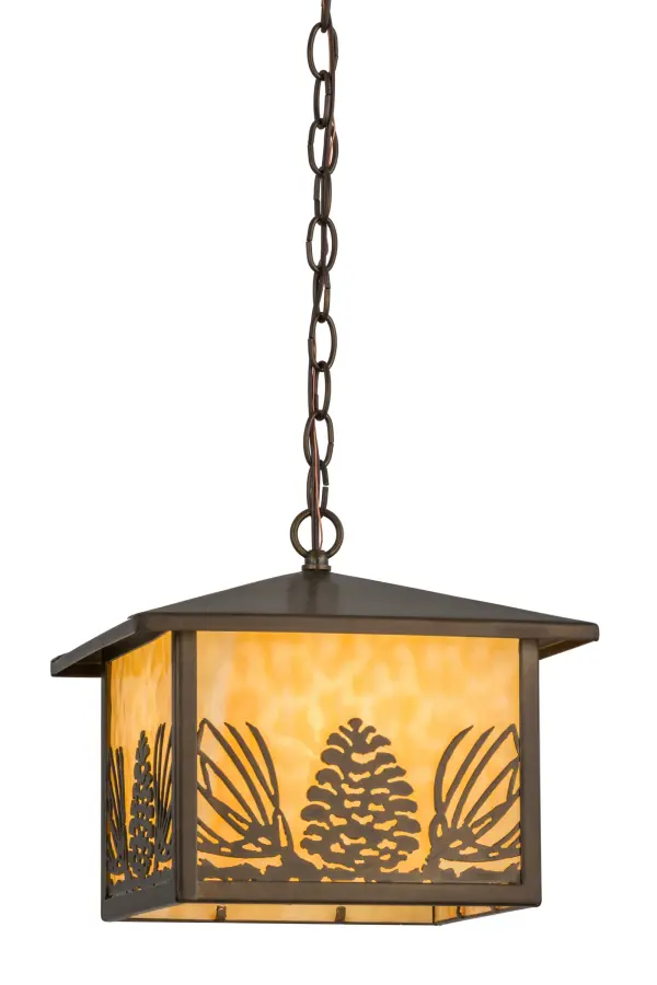 Mountain pinecones and pine needles are depicted on this unique nature inspired pendant. Rustic charm comes alive with soft warm ambient light through Beige art glass that is accented by hardware featured in an Antique Copper finish. The fixture is perfect for hallways; entryways; foyers; covered porches and other rooms where you want to make a design statement. The pendant is handcrafted by Meyda artisans in our manufacturing facility; at the foothills of the Adirondack Mountains.