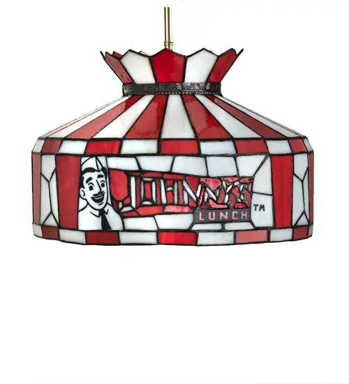A classic stained glass lighting design paired with charming colors and an iconic restaurant logo. Flame colored and White Opal Glass are matched together in a grid like patterned around the shade; and on its crown and perimeter. The fixture is enhanced with a Brushed Nickel finish and Brass band. The shade is created using the famous Meyda Tiffany construction copperfoil construction process; with the Johnny's Lunch name and friendly server face. The fixture is enhanced with Brushed Nickel finished hardware. This personalized item is shown as an example of our craftsmanship. Contact us to personalize a fixture to suit your personal needs. - alternate view