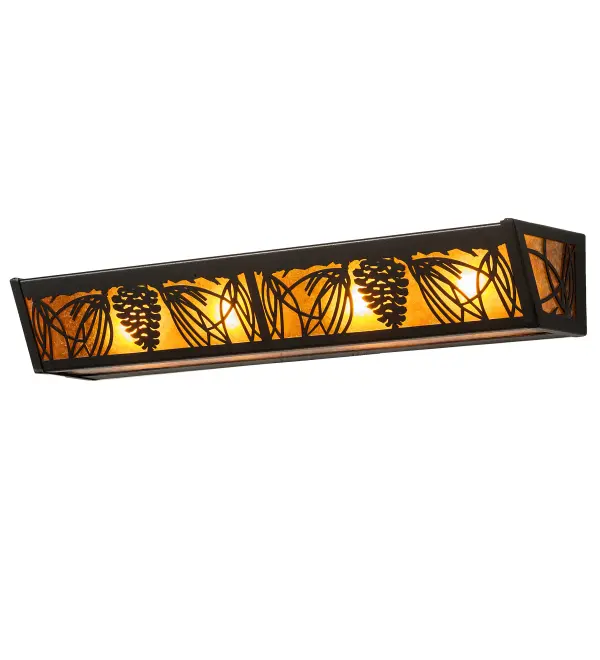This handsome Pine Cone and needle patterned vanity sconce with pine branch accents is illuminated through Amber mica panels. The fixture has a Black finish and is handcrafted in the USA by Meyda artisans.