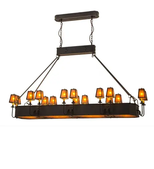 An elegant and stunning look for the King and Queen in your home; Carpathian features 16 miniature buffet styled fixtures including Ivory faux candlelights adorned with Craftsman styled Amber Mica shades. The regal designed shades are embraced with curved arms to the oblong fixture with a matching Amber Mica bottom diffuser featuring a geometric design. All hardware and decorative accents are featured in a warm Dark Roast finish. Handcrafted by our artisans in the USA; this chandelier is available in custom sizes; designs and colors; as well as dimmable energy efficient lamping options. UL and cUL listed for damp and dry locations. - alternate view