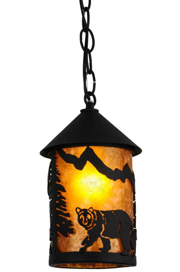 Drawing inspiration from the wildlife and natural beauty in the spectacular Adirondack Mountains nearby; this stunning fixture depicts a bold Bear meandering among the woodlands. Warm ambient light is evoked through Amber Mica that is complemented with a frame and hardware featured in a Black finish and accented with tall pine trees and a mountain view. The fixture; which combines a rustic look with Gothic styling; is handcrafted by Meyda artisans in our Yorkville; NY facility. Custom designs; styles and sizes are available; as well as dimmable energy efficient lamping options.