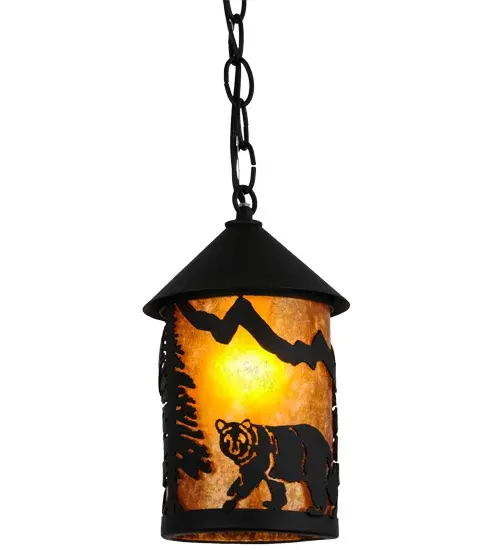 Drawing inspiration from the wildlife and natural beauty in the spectacular Adirondack Mountains nearby; this stunning fixture depicts a bold Bear meandering among the woodlands. Warm ambient light is evoked through Amber Mica that is complemented with a frame and hardware featured in a Black finish and accented with tall pine trees and a mountain view. The fixture; which combines a rustic look with Gothic styling; is handcrafted by Meyda artisans in our Yorkville; NY facility. Custom designs; styles and sizes are available; as well as dimmable energy efficient lamping options. - alternate view