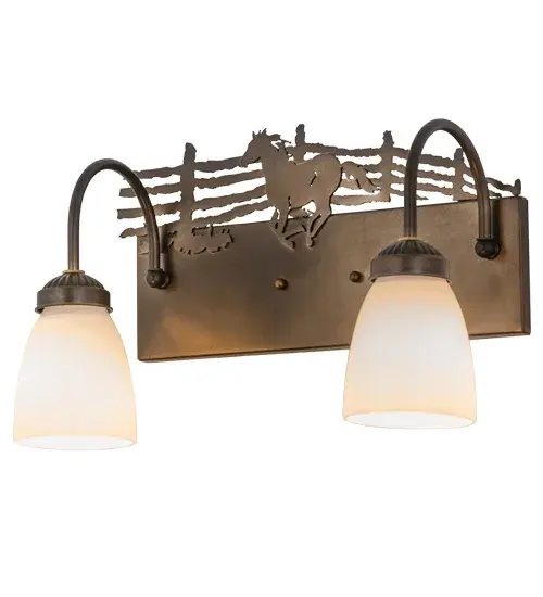 wilsteegallopinihicorraidramaticalldepicteithicaptivatinlightindesignHanfinisheiAntiquCopperthisteewalsconcfeaturetwOpaWhitshadeiglasgobleprofilesThsconciideafoilluminatinvanitieibathanwallicorridoranotheroomiresidentialhospitalitancommerciaspacesThfixturihandcraftebMeydartisanithYorkvilleNeYormanufacturinfacilitiesCustosizescoloranstylearofferedincludindimmablenergefficienlampinoptionsUancUfodamandrlocations. Collection: Running Horses Finish: Antique Copper Glass: White Art Glass Notes: Custom Crafted In Yorkville, New York Please Allow 30 Days Width: 15.50" Height: 10.50" Length: 8.00" Weight: 4.00 lb Extension from Wall: 8.00" Number of Bulbs: 2 Maximum Wattage: 60.00 W Bulb Type: A19 Bulb Base: E26 Material: Steel Country of Origin: USA Safety Listing: Damp Safety Rating: Damp - alternate view