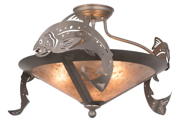 Anglers will delightfully cast their lines for these prized Rainbow Trout; which are leaping out of the lake over this stunning silver Mica shade. The shade is complemented with Industrial hand-finished decorative accents and fishhook chains. The Catch of the Day Trout Semi-Flushmount is included in our American-made; American-designed; handcrafted Wildlife Collection and manufactured in Yorkville; New York. UL & cUL listed for dry and damp locations. Upstate New York's adventurous playland; known as the Adirondack Mountains; with its many breathtaking forests; lakes; and rivers; is the spiritual birthplace of Meyda and inspires our rustic-themed mica collection.