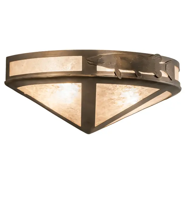 A Pike fish accents this wall sconce handcrafted in the USA by Meyda artisans. This original fixture is finished in Antique Copper and has Silver Mica panels.