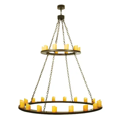 As if it was forged of iron during the Middle Ages and hung from the ceiling of a mighty stone castle, the Loxley two tier chandelier has two rings suspended by chain and tipped with Amber faux candlelight columns. This rustic fixture is handmade in the USA by Meyda Tiffany craftsman and finished in a Timeless Bronze. Collection: Loxley Finish: Timeless Bronze Glass: Amber Notes: Custom Crafted In Yorkville, New York Please Allow 30 Days Width: 60.00" Height: 76.50" Length: 60.00" Weight: 4.00 lb Number of Bulbs: 28 Maximum Wattage: 60.00 W Bulb Type: BA11 Bulb Base: E26 Material: Steel Country of Origin: USA Safety Listing: Damp Safety Rating: Damp