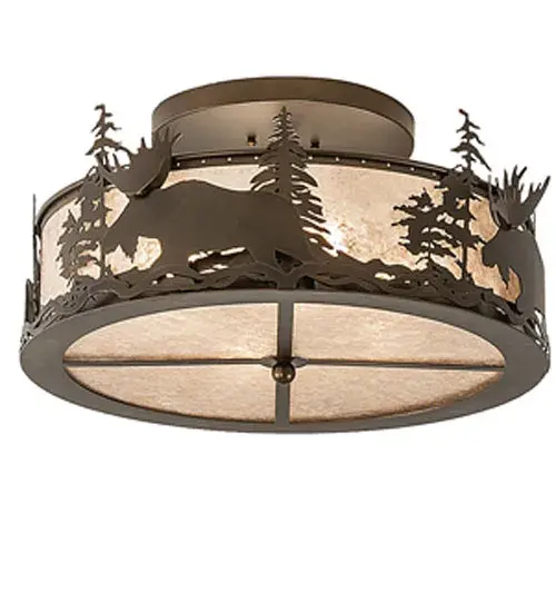 The mighty majestic Moose wanders past tall pine trees in the woods as the afternoon sun lowers in the background. Pleasant ambient light projects through Silver Mica for warm visual comfort. This striking wildlife inspired fixture is featured in an Antique Copper finish and handcrafted in the USA by Meyda artisans at the foothills of Upstate New York's Adirondack Mountains. Perfect for illuminating any room. Collection: Moose At Dusk Finish: Antique Copper Glass: Silver Mica Width: 23.50" Height: 10.50" Length: 23.50" Weight: 12.50 lb Extension from Wall: 10.50" Number of Bulbs: 4 Maximum Wattage: 60.00 W Bulb Type: A19 Bulb Base: E26 Material: Steel Country of Origin: USA Safety Listing: Damp Safety Rating: Damp - alternate view