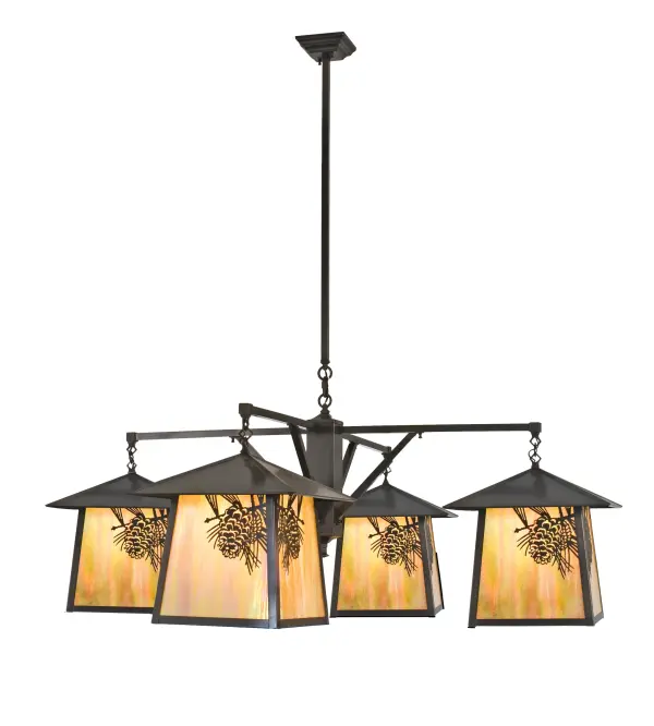 Delicately etched of Solid Brass; Winter Pinecones and Pine Needles glow on four stunning Beige Iridescent Glass shades. Rustic charm comes alive with soft ambient light from this Nature Inspired wall fixture; enhanced with a Craftsman Brown finish. This handsome luminaire will illuminate the interiors of timber homes; modern farmhouses and other spaces. The Stillwater Winter Pine Chandelier is included in our American-made; American designed handcrafted Craftsman Signature Lighting Collection. Manufactured in Yorkville; New York. UL and cUL listed for dry and damp locations.