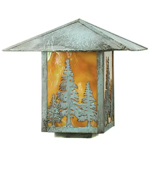 With shafts of beauty towering heavenly high; Tall Pine trees stand upright like sentries saluting the sky while raising up through the clouds above. Beautiful ambient light shines through Beige art glass like the warm light of the sun. This Arts & Crafts inspired lantern is created of Solid Brass and finished in a Verdigris finish. This indoor/outdoor deck light is ideal for mounting on square shaped posts and columns. Made to Order in our 180;000 square foot manufacturing facility in Yorkville; NY; at the foothills of New York's picturesque Adirondack Mountains. UL and cUL listed for dry; damp and wet locations.