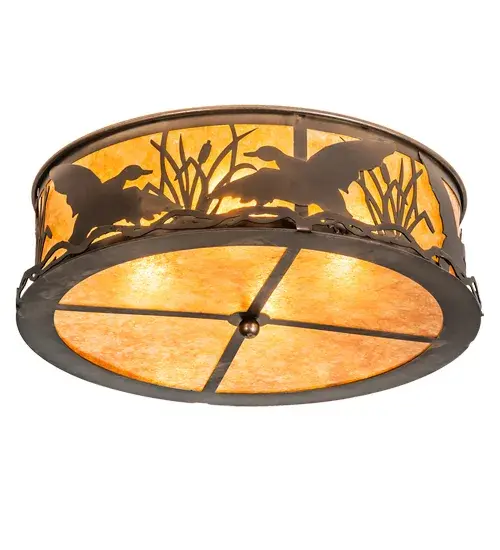 A flock of Ducks fly above cattails and marsh grasses on this wildlife inspired flushmount handcrafted in the USA by Meyda artisans. This rustic fixture is finished in Antique Copper and has Amber mica panels. - alternate view