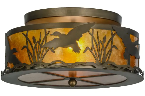 Ducks splash and fly in and above the cattails and marsh grasses in this wildlife inspired original lighting fixture. Beautiful ambient lighting is projected through an Amber Mica lens and bottom diffuser with the frame and hardware hand finished inAntique Copper. Handcrafted in the USA by Meyda artisans in the Yorkville, NY manufacturing facility which is located at the foothills of the Adirondack Mountains. Wildlife and other custom designs available. Energy efficient lamping options offered. Collection: Ducks In Flight Finish: Antique Copper Glass: Amber Mica Width: 16.00" Height: 8.50" Length: 16.00" Weight: 6.00 lb Number of Bulbs: 2 Maximum Wattage: 60.00 W Bulb Type: A19 Bulb Base: E26 Material: Steel Country of Origin: USA Safety Listing: Damp Safety Rating: Damp