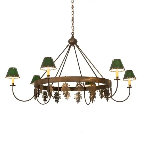 Oak leaves accent this suspended metal ring that has gracefully curving candle arms. The chandelier arms are topped with Forest Green rawhide wrapped faux leather shades and are handmade in the USA by Meyda artisans. The chandelier is finished in Antique Copper. - alternate view