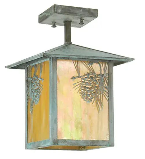 A Winter Pinecone with Pine Needles delicately etched of Solid Brass. Rustic charm comes alive with soft ambient light projected through a stunning Beige Iridescent Glass diffuser. The Nature Inspired mini pendant is complemented with Craftsman Verdigris finished hardware. Handcrafted in our 180;000 square foot manufacturing facility in Yorkville; New York. Diffuser colors; metal finishes and fixture sizes can be customized to your needs. UL and cUL listed for dry and damp locations.