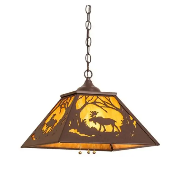 A nature inspired Moose framed in branches with Beige art glass background adorns this pendant. The fixture is finished in Antique Copper and is handcrafted in the USA by Meyda artisans.