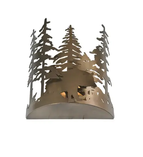 A Black Bear peers through the tall pines on this wall sconce handcrafted in the USA by Meyda artisans. This nature inspired fixture is finished in Antique Copper. Collection: Bear Through The Trees Finish: Antique Copper Glass: Amber,Green,Chocolate,Beige Width: 11.00" Height: 13.00" Length: 5.50" Weight: 2.50 lb Extension from Wall: 5.50" Number of Bulbs: 1 Maximum Wattage: 60.00 W Bulb Type: B10 Bulb Base: E12 Material: Steel Country of Origin: USA Safety Listing: Damp Safety Rating: Damp - alternate view