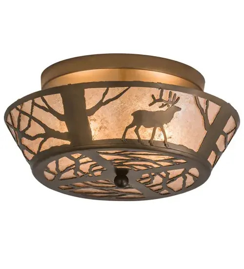 Rustic charm is captured beautifully with a majestic Elk meandering around Pine Trees through the woodlands. A stunning Silver Mica shade featuring an elaborate Pine Tree and Pine Branches motif is enhanced with a matching bottom diffuser. The decorative accents and hardware are featured in an Antique Copper finish. The Elk on the Loose Flushmount is Domestically Produced in our 180;000 square foot manufacturing facility in Yorkville; New York. Customize the shade colors; metal finishes and sizes to meet your desires. UL and cUL listed for dry and damp locations. - alternate view