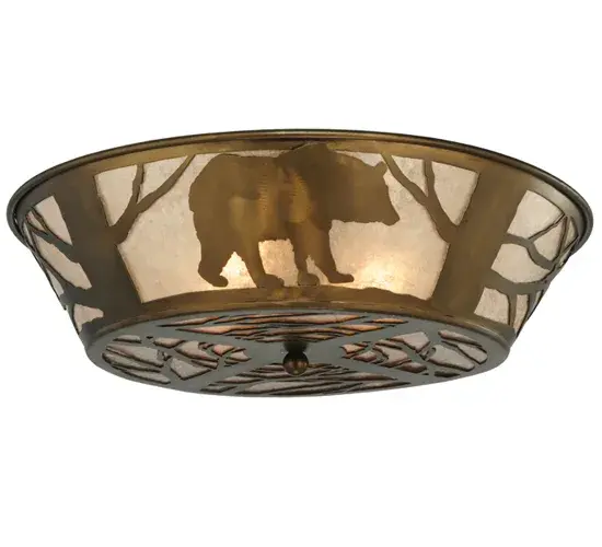 A wildlife inspired Black Bear framed in trees circles this branch accented flushmount fixture. The rustic fixture has Silver Mica framed in Antique Copper; and is handcrafted in the USA by Meyda artisans.
