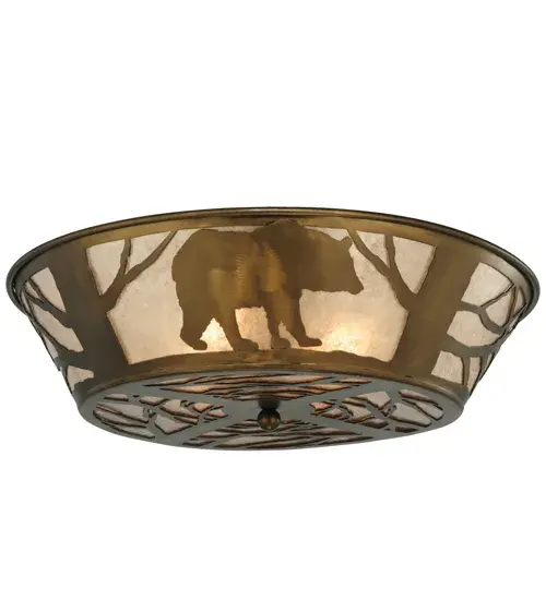 A wildlife inspired Black Bear framed in trees circles this branch accented flushmount fixture. The rustic fixture has Silver Mica framed in Antique Copper; and is handcrafted in the USA by Meyda artisans. - alternate view
