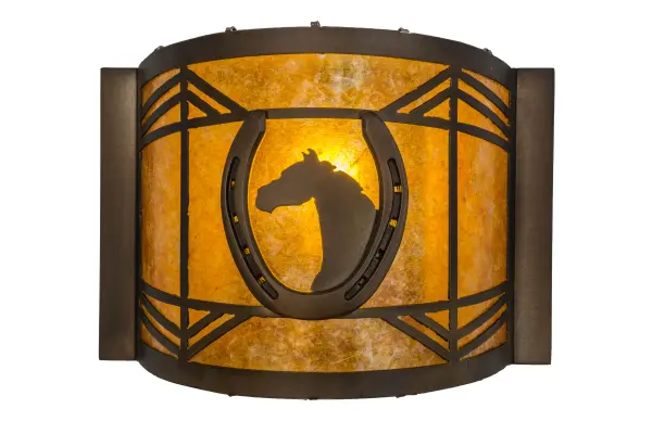 A horse portrait framed in a lucky horseshoe, is depicted on this handsome wall sconce. The fixture has Amber mica framed in Antique Copper, and is handcrafted in the USA by Meyda artisans Collection: Horseshoe Finish: Antique Copper Glass: Amber Mica Width: 12.00" Height: 9.50" Length: 5.00" Weight: 4.50 lb Extension from Wall: 5.00" Number of Bulbs: 1 Maximum Wattage: 60.00 W Bulb Type: A19 Bulb Base: E26 Material: Steel Country of Origin: USA Safety Listing: Damp Safety Rating: Damp