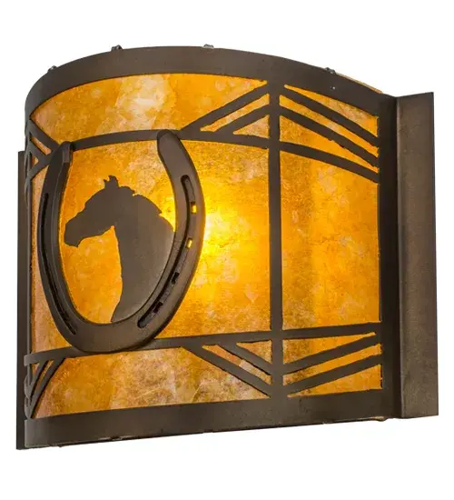 A horse portrait framed in a lucky horseshoe, is depicted on this handsome wall sconce. The fixture has Amber mica framed in Antique Copper, and is handcrafted in the USA by Meyda artisans Collection: Horseshoe Finish: Antique Copper Glass: Amber Mica Width: 12.00" Height: 9.50" Length: 5.00" Weight: 4.50 lb Extension from Wall: 5.00" Number of Bulbs: 1 Maximum Wattage: 60.00 W Bulb Type: A19 Bulb Base: E26 Material: Steel Country of Origin: USA Safety Listing: Damp Safety Rating: Damp - alternate view